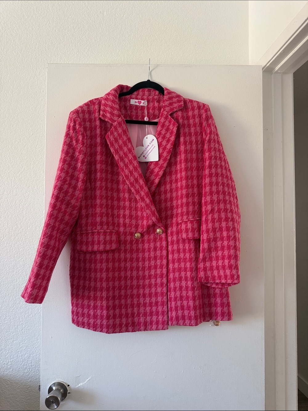 Oversized Buddy Love Pink Houndstooth Double-Breasted Blazer